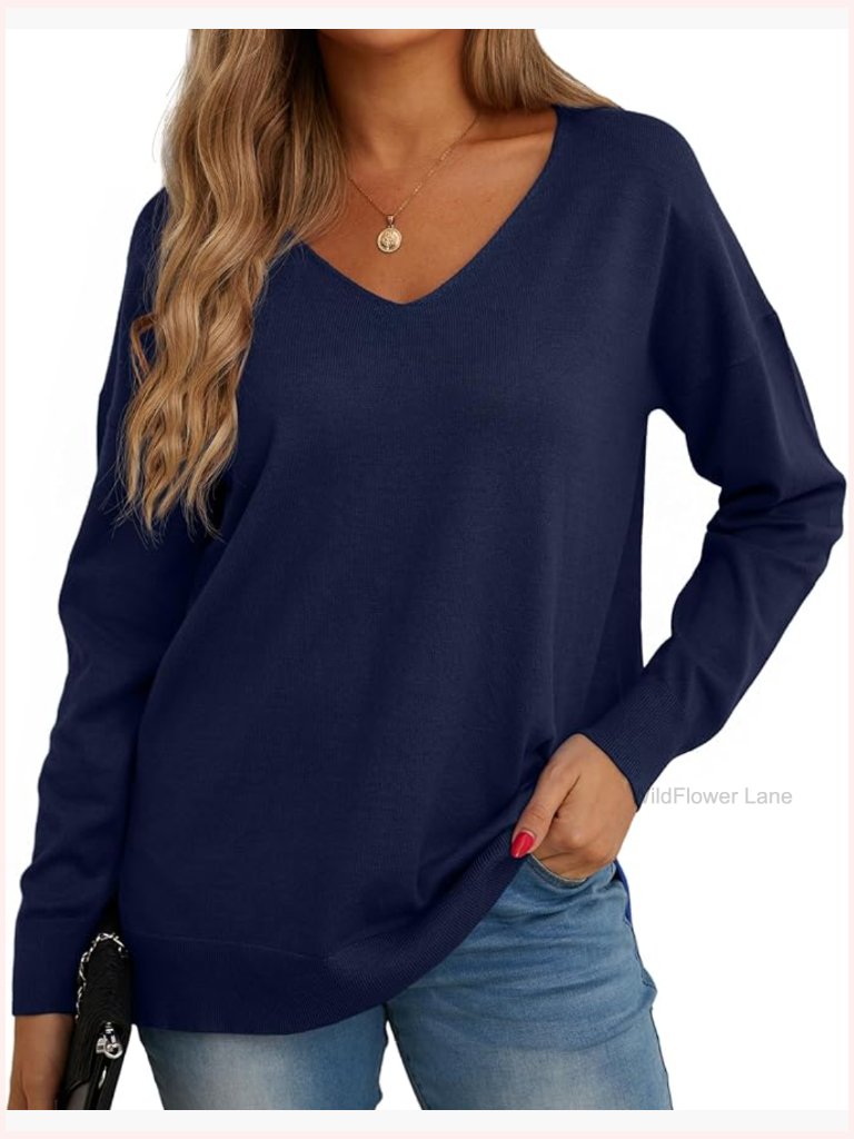 V-Neck Long Sleeve Side Split Loose Casual Knit Pullover Sweater